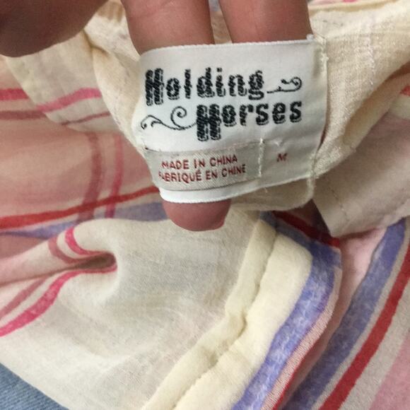 Anthropologie Holding Horses Brushed Plaid Cream/Pink Sheer Button Down Top - Picture 2 of 7